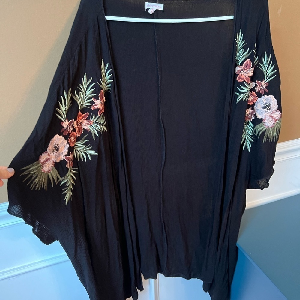 Xhilaration Black Kimono with Floral Embroidery Size M/L Vacation Swim Beach